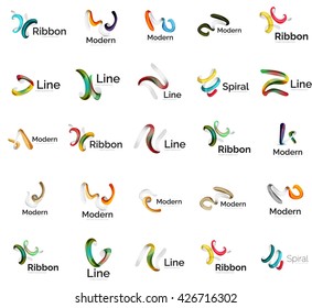 Set of abstract ribbon logo icons - multicolored shiny wave, swirl, spiral designs. Curve stripe shape. Universal various branding logotype company emblem ideas and branding business identity