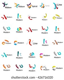 Set of abstract ribbon logo icons - multicolored shiny wave, swirl, spiral designs. Curve stripe shape. Universal various branding logotype company emblem ideas and branding business identity