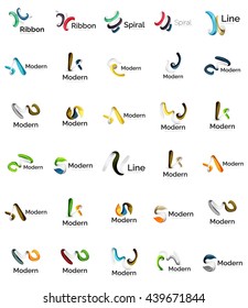 Set of abstract ribbon logo icons - multicolored shiny wave, swirl, spiral designs. Curve stripe shape. 