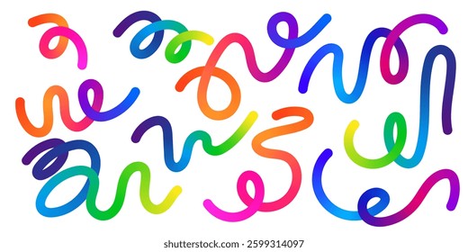 Set of abstract ribbon rainbow gradient swirl lines. Bright decorative colorful fluid wavy shapes. Squiggly design elements. Dynamic geometric pattern for holiday, party