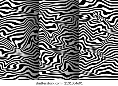 a set abstract rippled or black lines pattern with wavy vibrant facture on white background and texture. Liquify lines 3D effect.