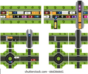 Set of abstract road junctions. Crossroads of various roads. Roundabout Circulation. Difficult traffic. Vector illustration