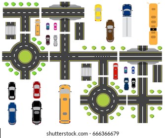 Set of abstract road junctions. Crossroads of various roads. Circular motion and bridges. Vector illustration