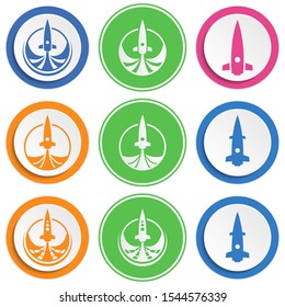 Set of abstract rocket flat icon. Round colorful buttons with spaceships.
