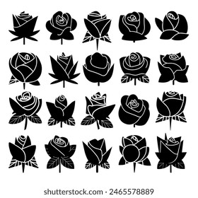 Set of abstract rose flower  silhouettes. Hand drawn floral design elements, icons, shapes. Wild and garden flowers, leaves black and white outline illustrations on white background.