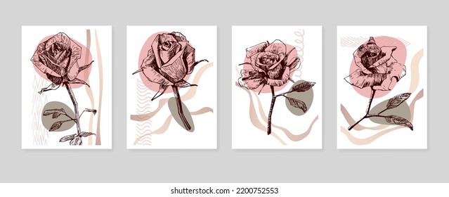 Set of Abstract Roses Hand Painted Illustrations for Wall Decoration, minimalist flower in sketch style. Postcard, Social Media Banner, Brochure Cover Design Background. Modern Abstract Painting.