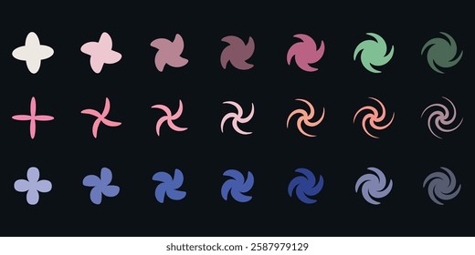 Set of abstract rotating shapes futuristic geometric swirl elements, A collection of abstract rotating shapes in various colors and forms, designed with a modern and futuristic aesthetic