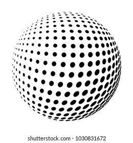 Set of abstract round 3d black sphere consisting of dots in form of halftone. Scientific and technical frame illustration. Flat cartoon illustration. Objects isolated on a white background.