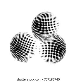 Set of abstract round 3d black sphere. Dotted spot vector design elements. Scientific and technical frame illustration. Objects isolated on a white background. Perfect for Logo, Banner, Icon.