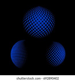 Set of abstract round 3d blue sphere. Dotted spot vector design elements. Scientific and technical frame illustration. Objects isolated on a white background. Perfect for Logo, Banner, Icon.