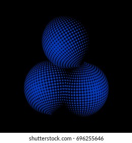 Set of abstract round 3d blue sphere.  Dotted spot vector design elements. Scientific and technical frame illustration. Objects isolated on a white background. Perfect for Logo, Banner, Icon.