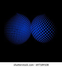 Set of abstract round 3d blue sphere. Dotted spot vector design elements. Scientific and technical frame illustration. Objects isolated on a white background. Perfect for Logo, Banner, Icon.