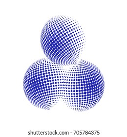 Set of abstract round 3d blue sphere. Dotted spot vector design elements. Scientific and technical frame illustration. Objects isolated on a white background. Perfect for Logo, Banner, Icon.
