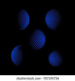 Set of abstract round 3d blue sphere. Dotted spot vector design elements. Scientific and technical frame illustration. Objects isolated on a dark background. Perfect for Logo, Banner, Icon.