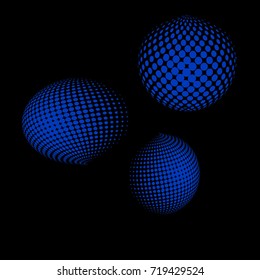 Set of abstract round 3d blue sphere. Dotted spot vector design elements. Scientific and technical frame illustration. Objects isolated on a dark background. Perfect for Logo, Banner, Icon.
