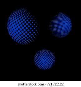 Set of abstract round 3d blue sphere. Dotted spot vector design elements. Scientific and technical frame illustration. Objects isolated on a dark background. Perfect for Logo, Banner, Icon.