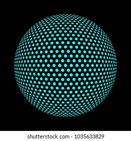 Conjunto de esfera abstracta redonda 3d azul brillante que consta de puntos en forma de semitono. Ilustración de marco científico y técnico. Ilustración plana de dibujos animados. Objetos aislados en un fondo blanco.