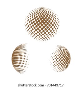 Set of abstract round 3d brown sphere. Dotted spot vector design elements. Scientific and technical frame illustration. Objects isolated on a white background. Perfect for Logo, Banner, Icon.