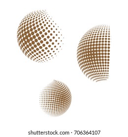 Set of abstract round 3d brown sphere. Dotted spot vector design elements. Scientific and technical frame illustration. Objects isolated on a white background. Perfect for Logo, Banner, Icon.