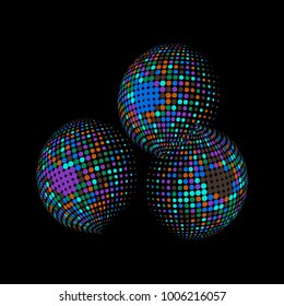 Set of abstract round 3d colorful sphere. Dotted spot vector design elements. Scientific and technical frame illustration. Objects isolated on a black background. Perfect for Logo, Banner, Icon.