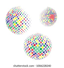 Set of abstract round 3d colorful sphere. Dotted spot vector design elements. Scientific and technical frame illustration. Objects isolated on a white background. Perfect for Logo, Banner, Icon.