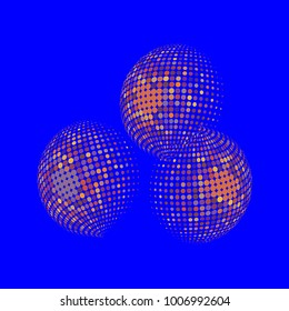 Set of abstract round 3d colorful sphere. Dotted spot vector design elements. Scientific and technical frame illustration. Objects isolated on a blue background. Perfect for Logo, Banner, Icon.