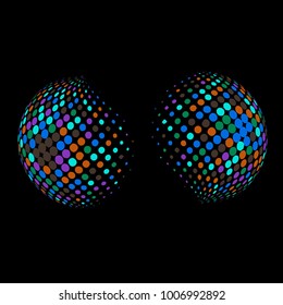 Set of abstract round 3d colorful sphere. Dotted spot vector design elements. Scientific and technical frame illustration. Objects isolated on a black background. Perfect for Logo, Banner, Icon.