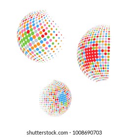 Set of abstract round 3d colorful sphere. Dotted spot vector design elements. Scientific and technical frame illustration. Objects isolated on a white background. Perfect for Logo, Banner, Icon.