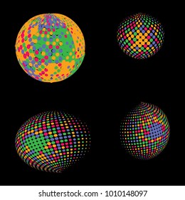 Set of abstract round 3d colorful sphere. Dotted spot vector design elements. Scientific and technical frame illustration. Objects isolated on a white background. Perfect for Logo, Banner, Icon.