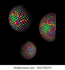 Set of abstract round 3d colorful sphere. Dotted spot vector design elements. Scientific and technical frame illustration. Objects isolated on a white background. Perfect for Logo, Banner, Icon.