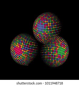 Set of abstract round 3d colorful sphere. Dotted spot vector design elements. Scientific and technical frame illustration. Objects isolated on a white background. Perfect for Logo, Banner, Icon.