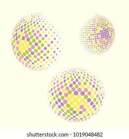 Set of abstract round 3d colorful sphere. Dotted spot vector design elements. Scientific and technical frame illustration. Objects isolated on a white background. Perfect for Logo, Banner, Icon.