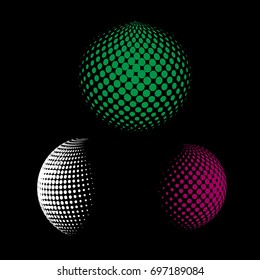 Set of abstract round 3d colorful sphere. Dotted spot vector design elements. Scientific and technical frame illustration. Objects isolated on a white background. Perfect for Logo, Banner, Icon.