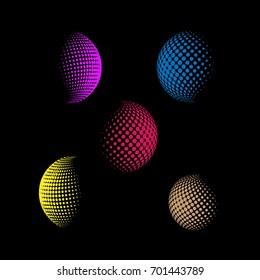 Set of abstract round 3d colorful sphere. Dotted spot vector design elements. Scientific and technical frame illustration. Objects isolated on a white background. Perfect for Logo, Banner, Icon.