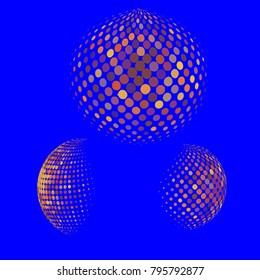 Set of abstract round 3d colorful sphere. Dotted spot vector design elements. Scientific and technical frame illustration. Objects isolated on a blue background. Perfect for Logo, Banner, Icon.