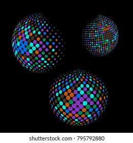 Set of abstract round 3d colorful sphere. Dotted spot vector design elements. Scientific and technical frame illustration. Objects isolated on a black background. Perfect for Logo, Banner, Icon.
