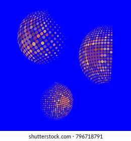 Set of abstract round 3d colorful sphere. Dotted spot vector design elements. Scientific and technical frame illustration. Objects isolated on a blue background. Perfect for Logo, Banner, Icon.