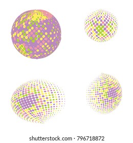 Set of abstract round 3d colorful sphere. Dotted spot vector design elements. Scientific and technical frame illustration. Objects isolated on a white background. Perfect for Logo, Banner, Icon.