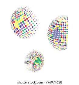 Set of abstract round 3d colorful sphere. Dotted spot vector design elements. Scientific and technical frame illustration. Objects isolated on a white background. Perfect for Logo, Banner, Icon.