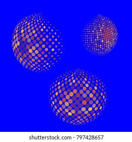 Set of abstract round 3d colorful sphere. Dotted spot vector design elements. Scientific and technical frame illustration. Objects isolated on a blue background. Perfect for Logo, Banner, Icon.