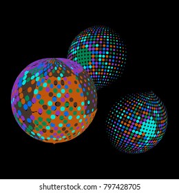Set of abstract round 3d colorful sphere. Dotted spot vector design elements. Scientific and technical frame illustration. Objects isolated on a black background. Perfect for Logo, Banner, Icon.