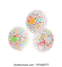 Set of abstract round 3d colorful sphere. Dotted spot vector design elements. Scientific and technical frame illustration. Objects isolated on a white background. Perfect for Logo, Banner, Icon.