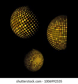 Set of abstract round 3d gold sphere. Dotted spot vector design elements. Scientific and technical frame illustration. Objects isolated on a dark background. Perfect for Logo, Banner, Icon.