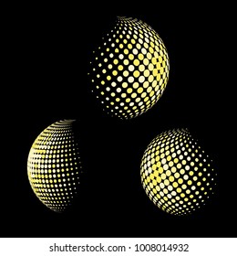 Set of abstract round 3d gold sphere. Dotted spot vector design elements. Scientific and technical frame illustration. Objects isolated on a dark background. Perfect for Logo, Banner, Icon.