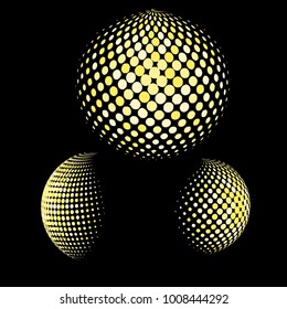 Set of abstract round 3d gold sphere. Dotted spot vector design elements. Scientific and technical frame illustration. Objects isolated on a dark background. Perfect for Logo, Banner, Icon.