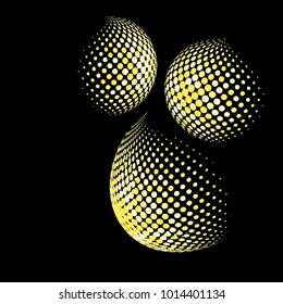 Set of abstract round 3d gold sphere. Dotted spot vector design elements. Scientific and technical frame illustration. Objects isolated on a dark background. Perfect for Logo, Banner, Icon.