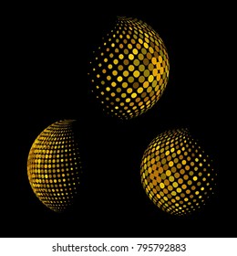 Set of abstract round 3d gold sphere. Dotted spot vector design elements. Scientific and technical frame illustration. Objects isolated on a dark background. Perfect for Logo, Banner, Icon.