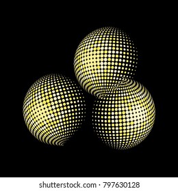 Set of abstract round 3d gold sphere. Dotted spot vector design elements. Scientific and technical frame illustration. Objects isolated on a dark background. Perfect for Logo, Banner, Icon.