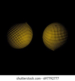 Set of abstract round 3d golden-yellow sphere. Dotted spot vector design elements. Scientific and technical frame illustration. Objects isolated on a white background. Perfect for Logo, Banner, Icon.