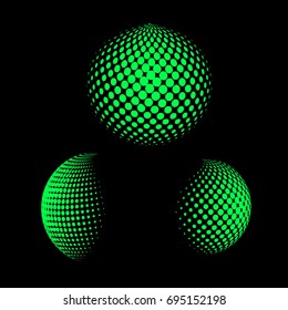 Set of abstract round 3d green sphere. Dotted spot vector design elements. Scientific and technical frame illustration. Objects isolated on a dark background. Perfect for Logo, Banner, Icon.